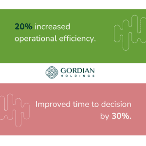 Gordian Holdings case study visual highlighting the advantages of data warehouse adoption, including a 20% increase in operational efficiency and a 30% improvement in decision-making speed.